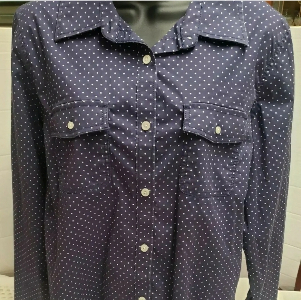 L.L. BEAN Women's Dark Blue Polka Dot Long-Sleeve Button-Up Shirt Sz M Reg-Fit